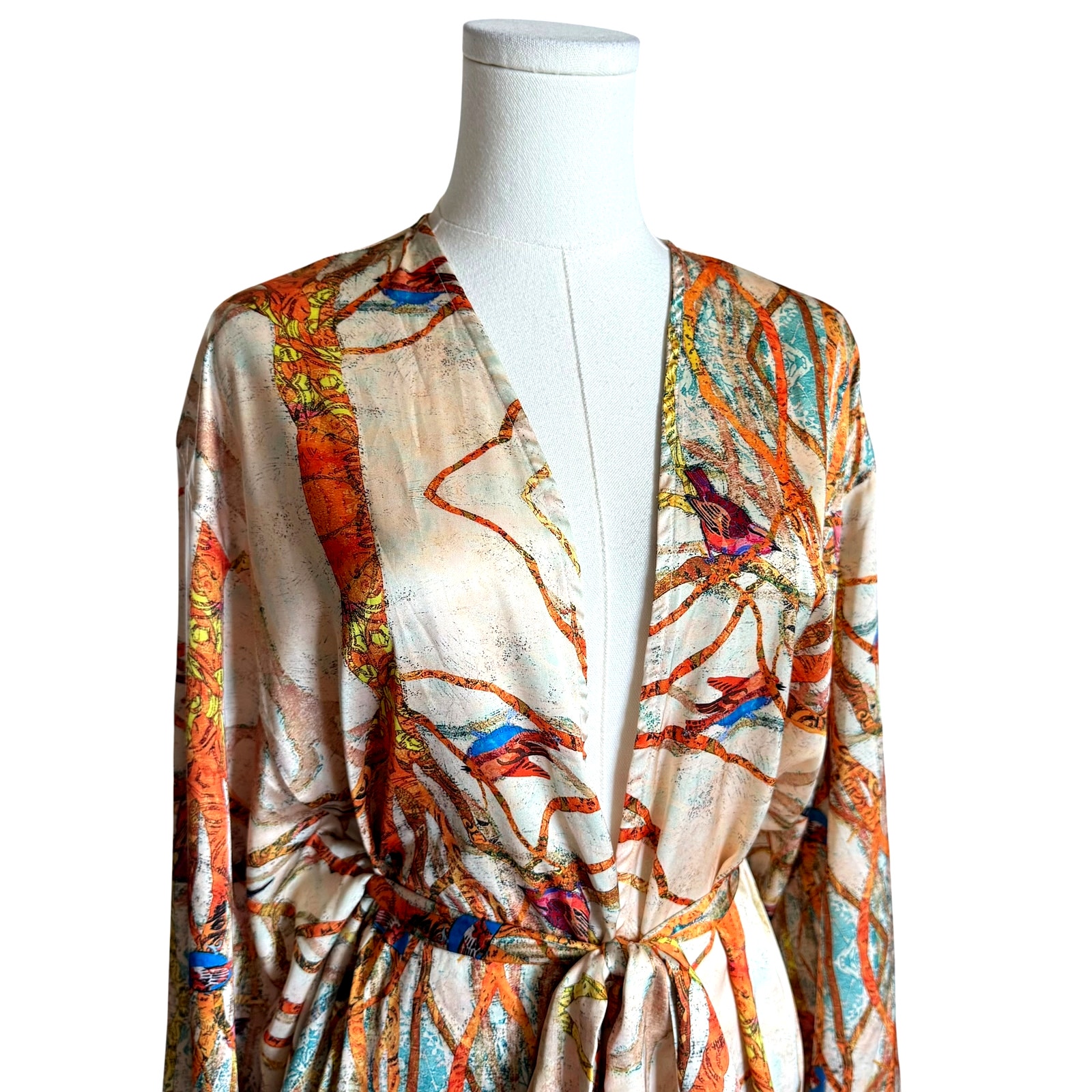 Chic Le Frique Satin Kimono Wrap Top Shorts Set Bird Print Resort Lounge S/M — image 4 of 8